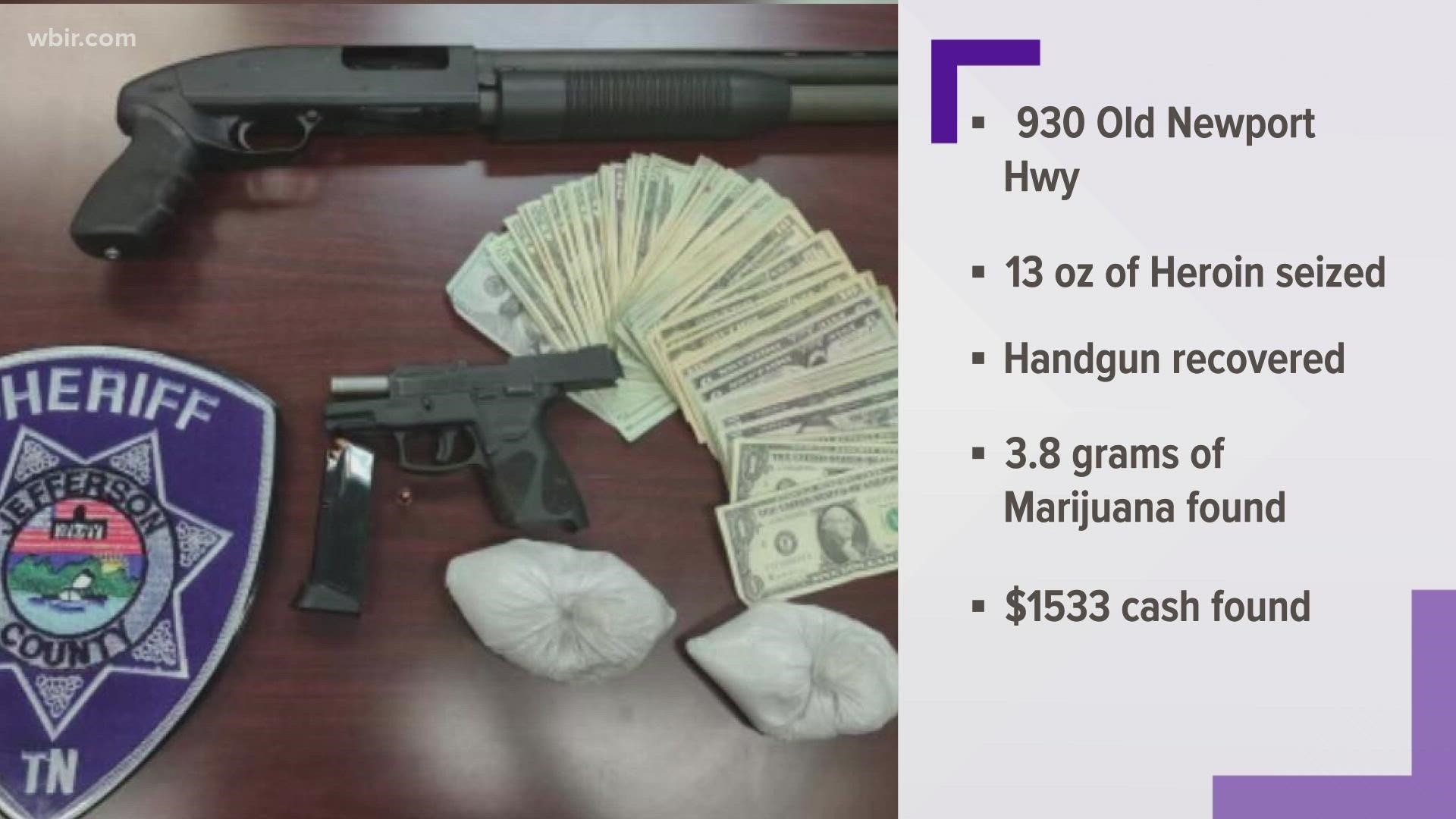 Authorities said they found 13 ounces of heroin, 3.8 grams of marijuana and two guns in a car with two children between 1 and 4 years old.