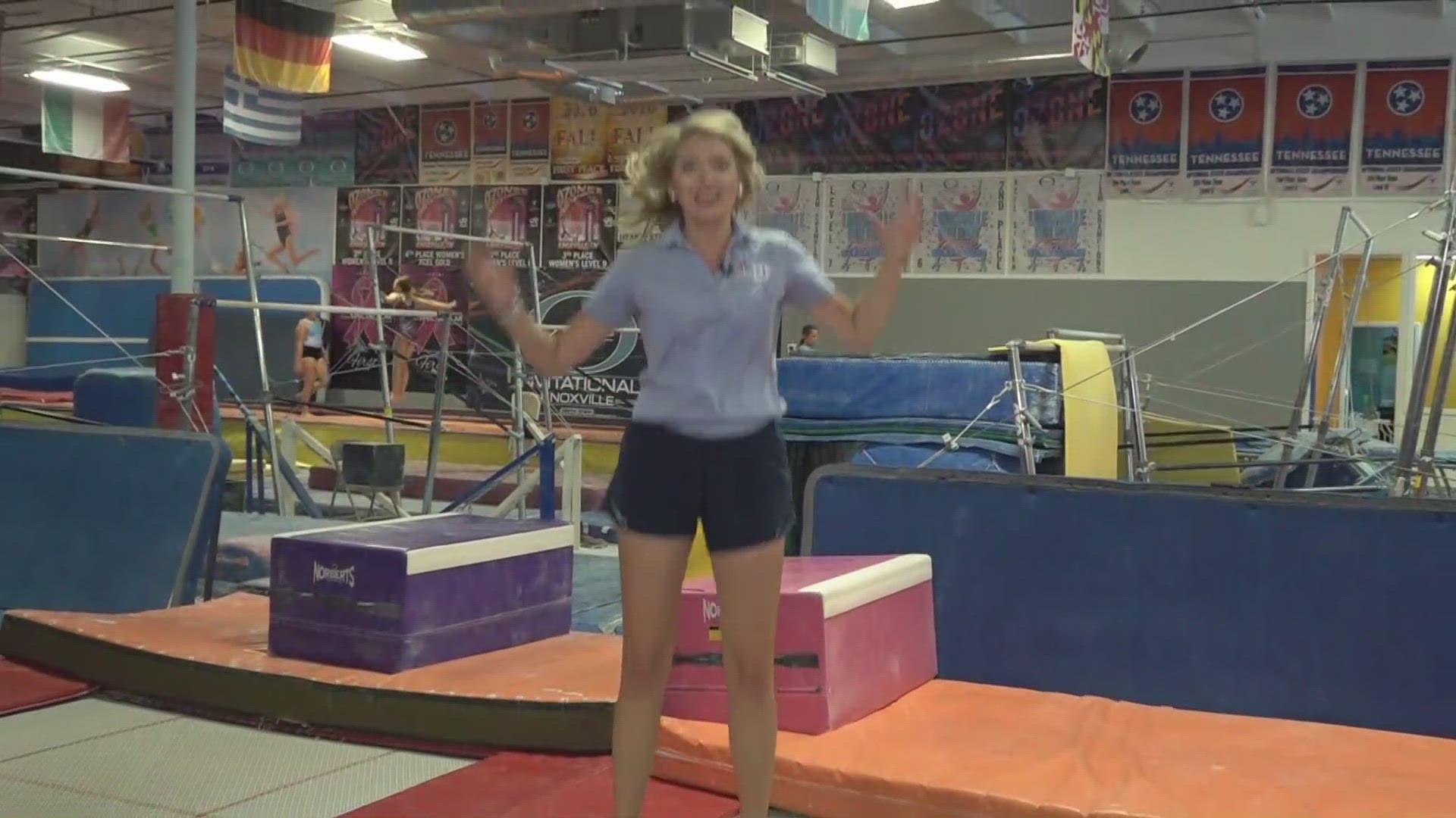 Katie's showing us her jumping skills for the Paris Olympics at Premier Athletics.