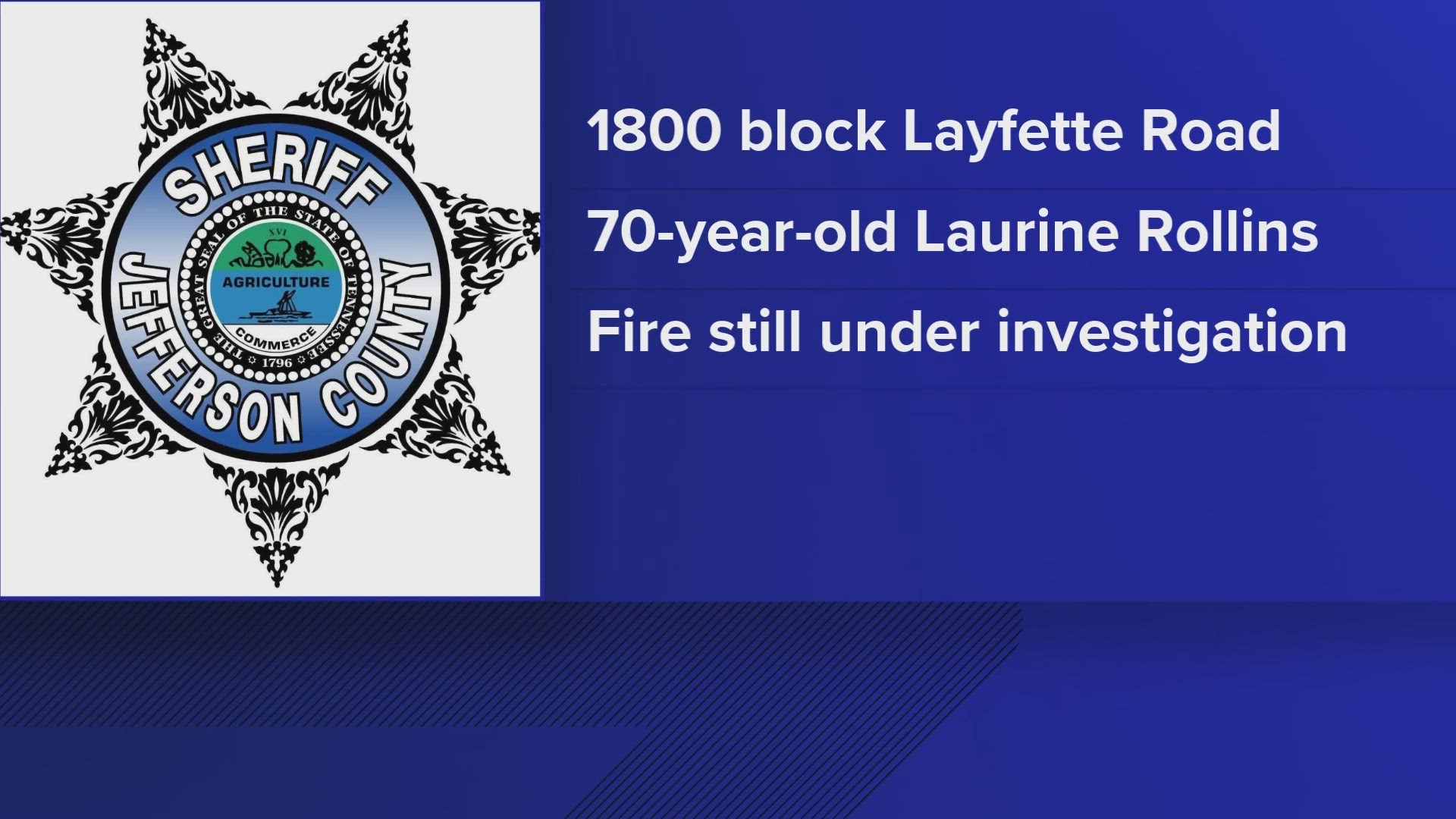 The Jefferson County Sheriff's Office identified the victim as 70-year-old Laurine Rollins. The cause of the fire is still under investigation.