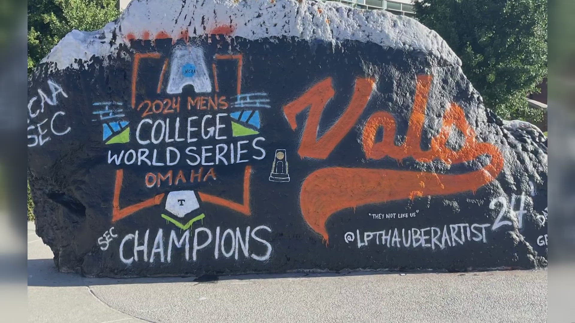 The rock was originally painted black with the Vols orange logo and the College World Series logo Tuesday morning.