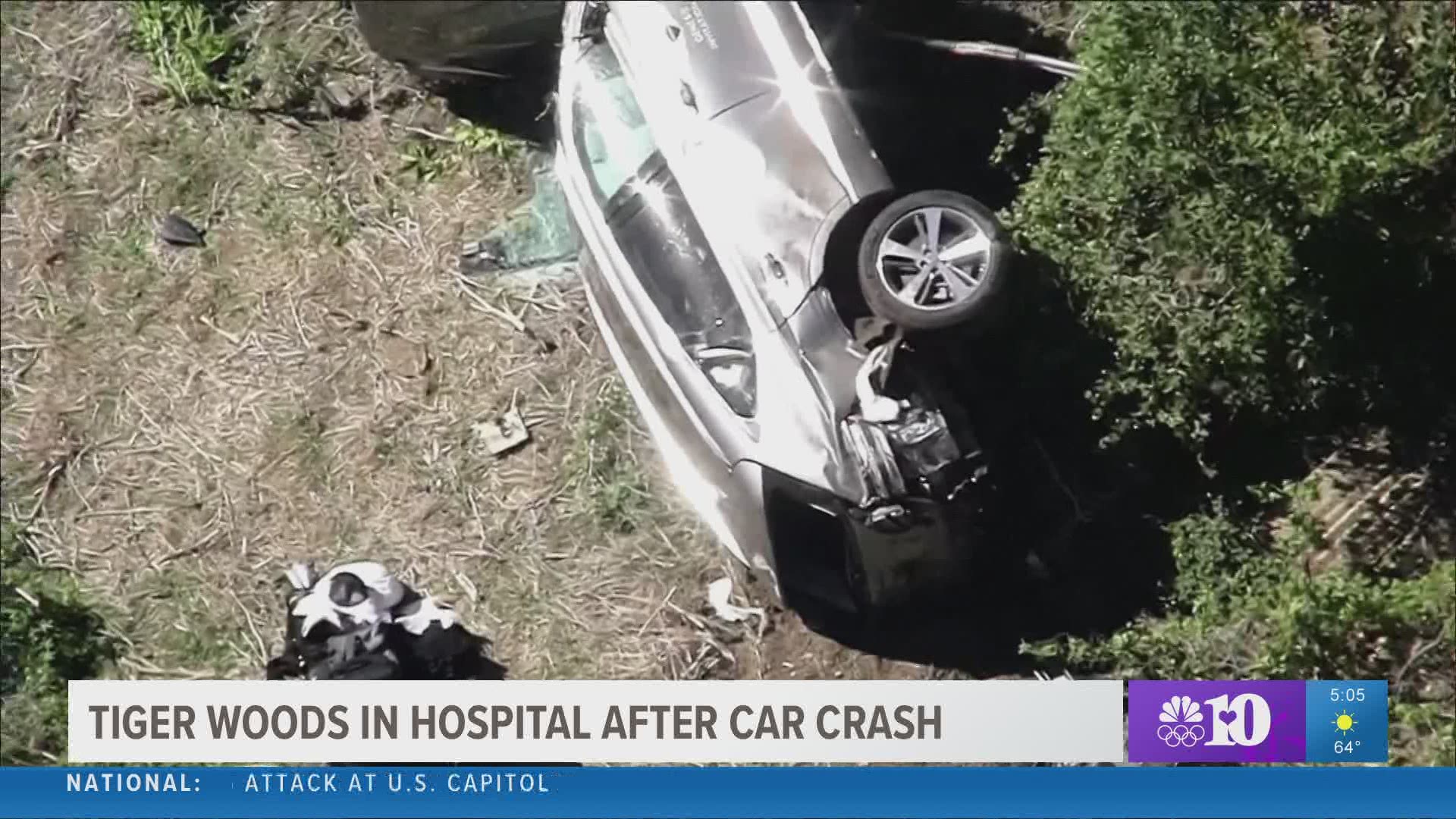 Authorities said that Tiger Woods was in the hospital after a single-car crash near Los Angeles on Tuesday.