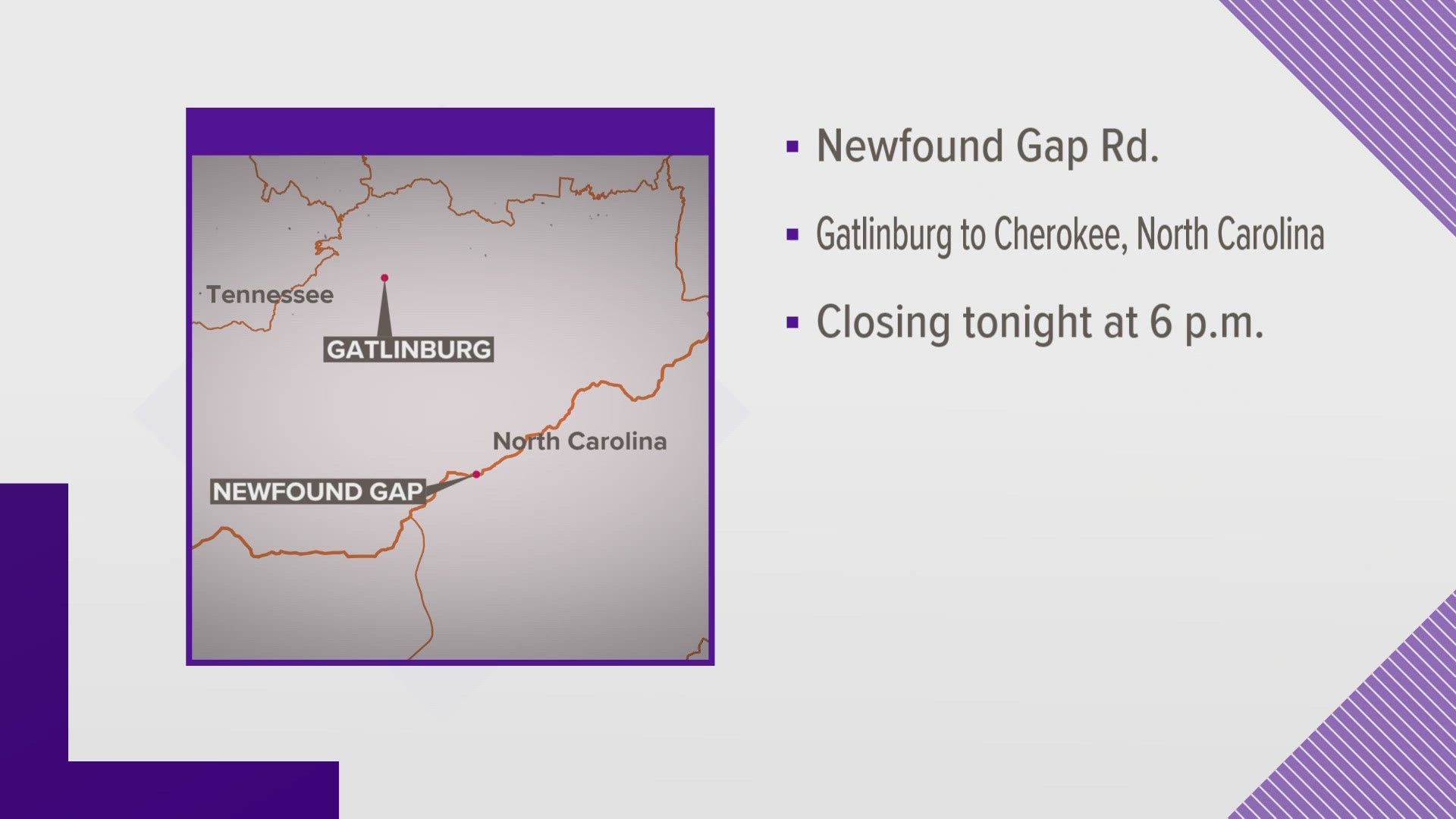 Newfound Gap Road from Gatlinburg to Cherokee, North Carolina will be closed temporarily due to high winds.