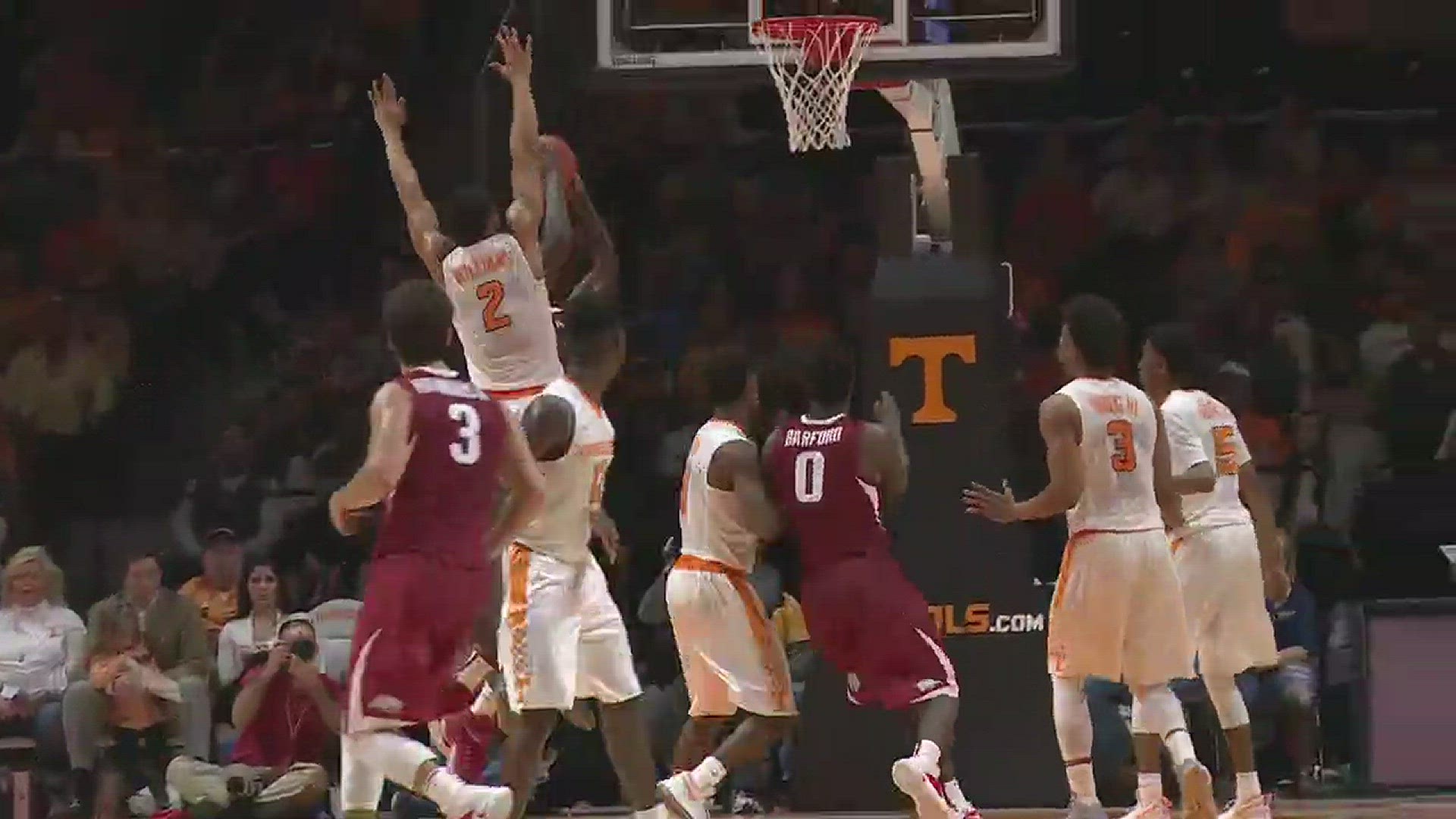 Tennessee's Grant Williams rejected a Moses Kingsley shot attempt and started a fast break that lead to a Robert Hubbs III dunk to cut Arkansas' lead to one late in the second half of the Hogs' 82-78 win.