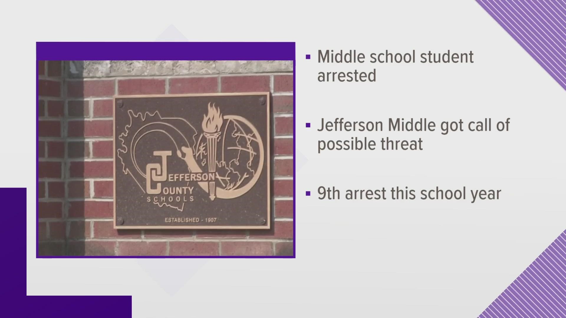 The Jefferson County Sheriff's Office said a student was charged with making a "threat of mass destruction" on school property at Jefferson Middle School.