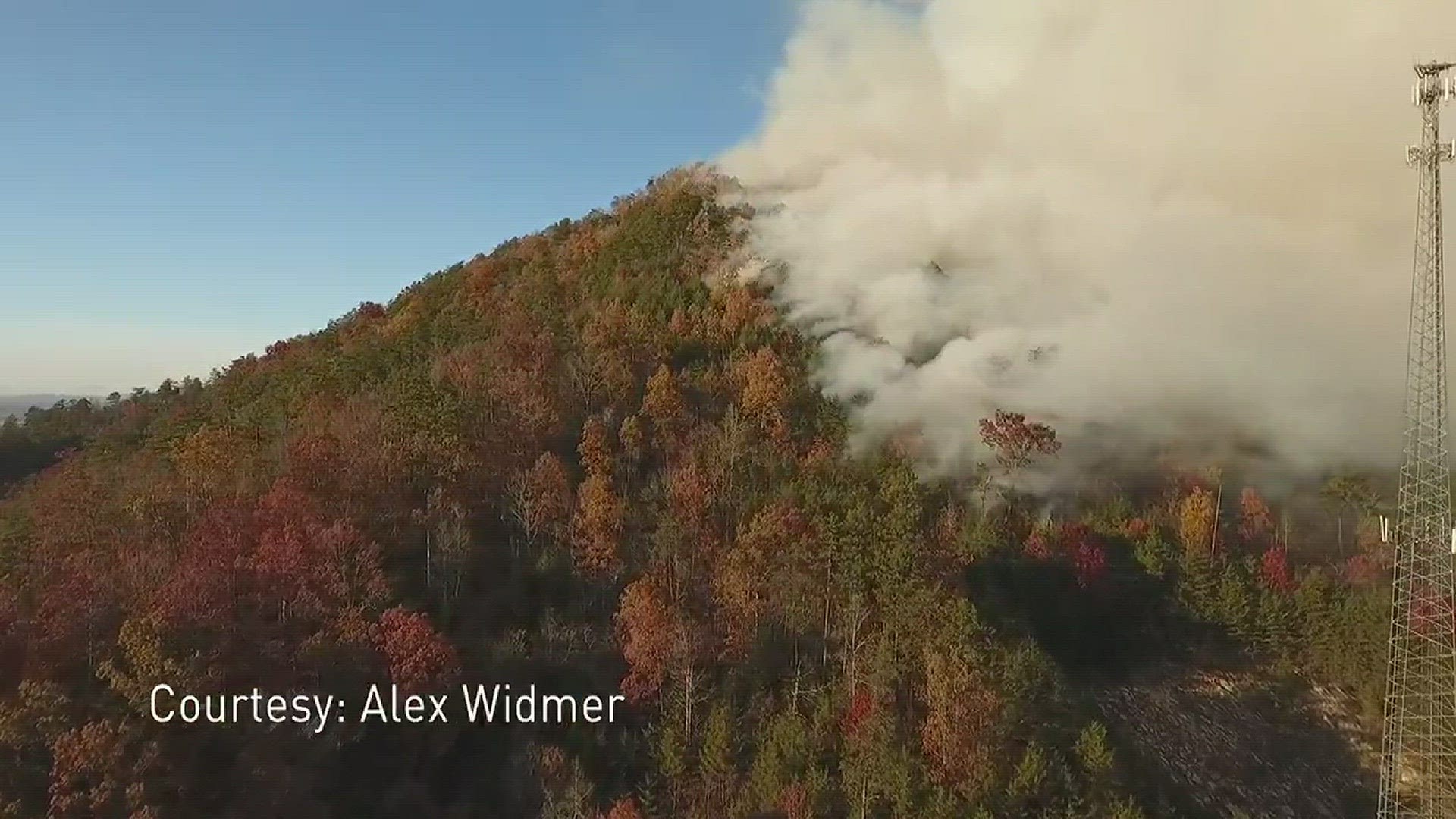 Drone footage shows the scene of a wildfire located behind Walland Elementary in Blount County, Tennessee. (Video provided to WBIR by Alex Widmer)