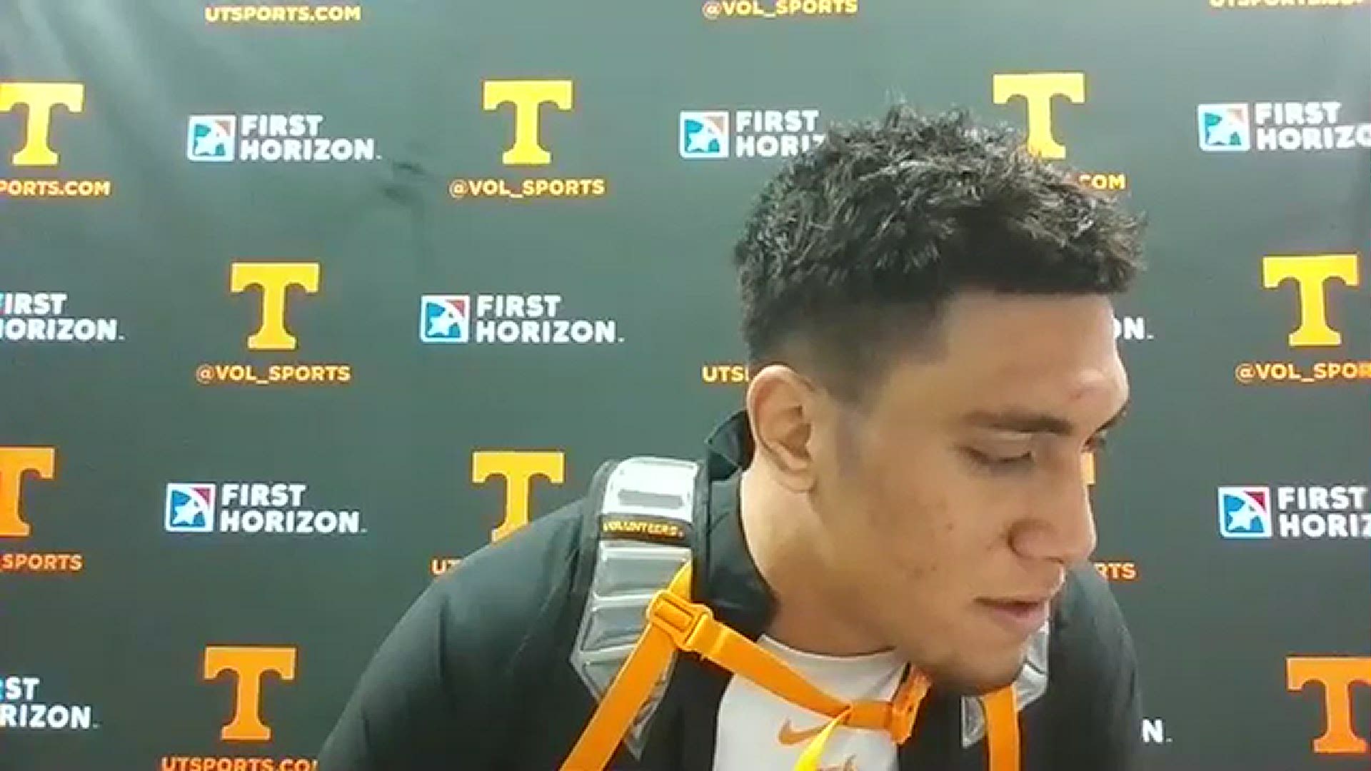 Tennessee linebacker Henry To'o To'o speaks with the media after the 24-13 loss to Arkansas.