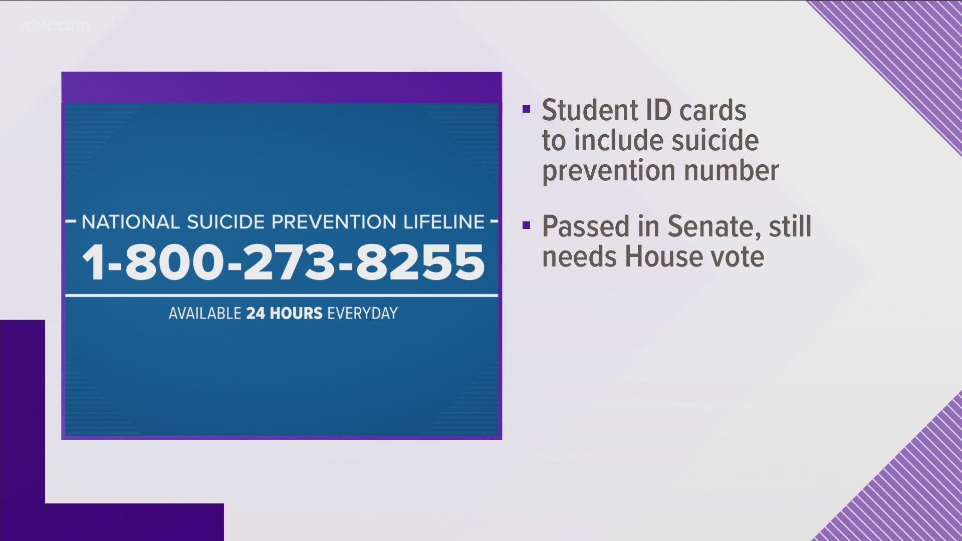The bill would require districts to include the number for the National Suicide Prevention Lifeline onto student IDs.