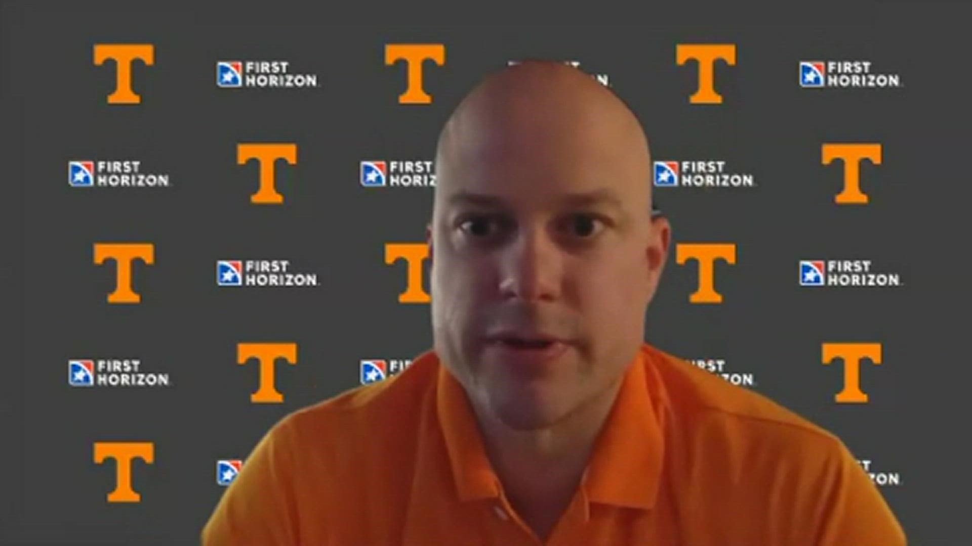 Tennessee secondary coach Willie Martinez speaks with the media after a spring practice.