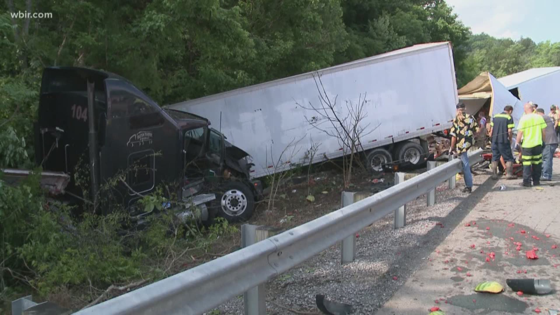 A crash on I-40 in Jefferson County hospitalized three after two semi-trucks carrying produce crashed.