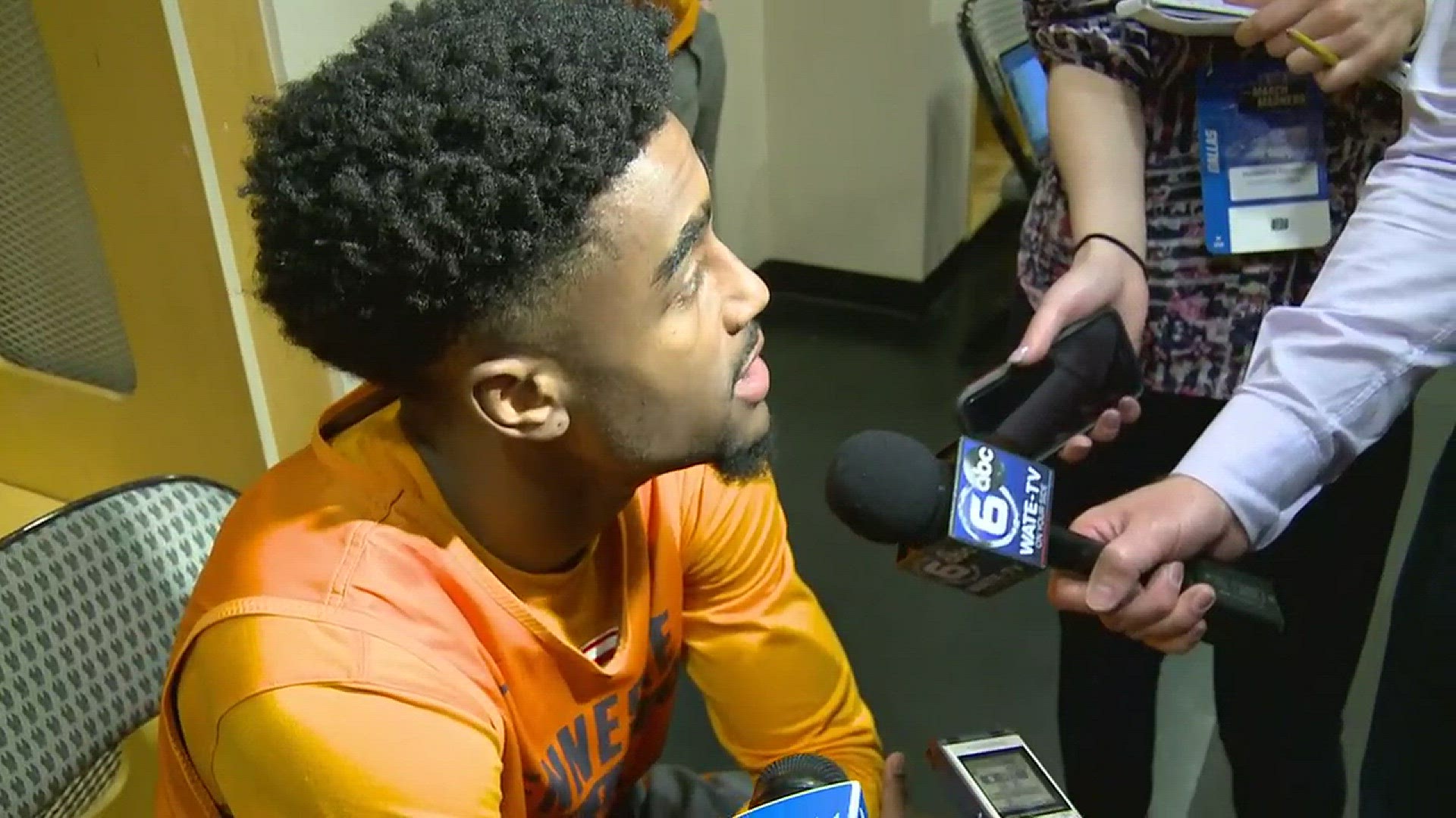 Jordan Bone talks to the media before practice on Friday as the Vols get ready to face Loyola Chicago in the second round of the NCAA Tournament.