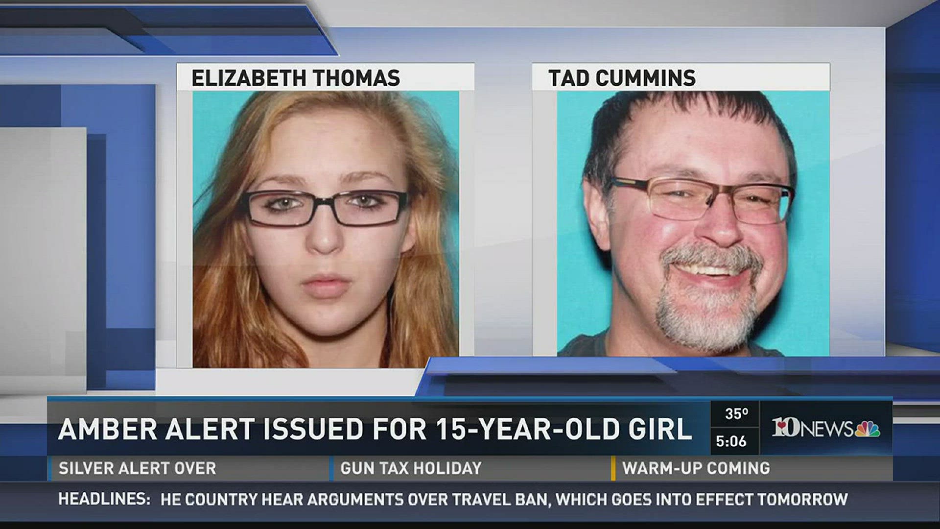 Elizabeth Thomas, 15, is believed to be with 50-year-old Tad Cummins. Authorities say he is armed with two handguns. The pair may be driving a Silver Nissan Rogue with Tennessee tags 976ZPT.