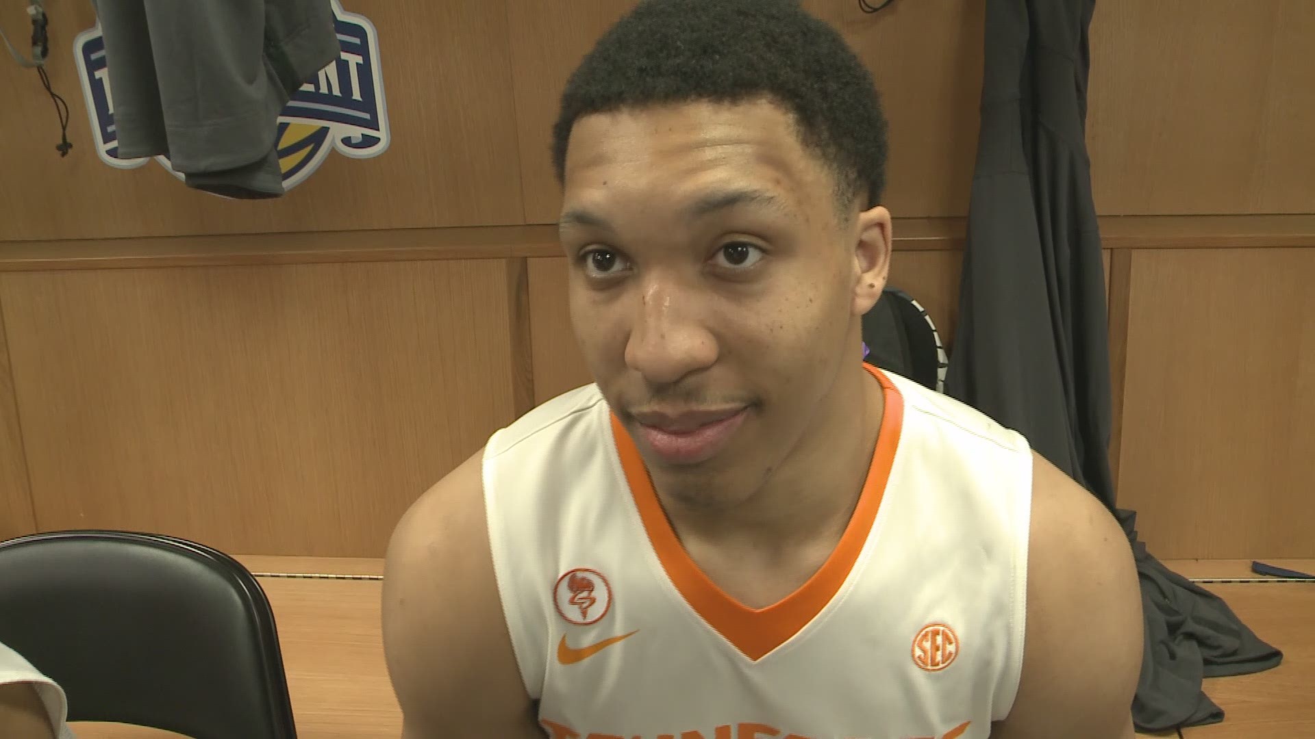 SEC Player of the Year Grant Williams talks to the media after the Vols beat Arkansas to advance to the SEC tournament championship game.
