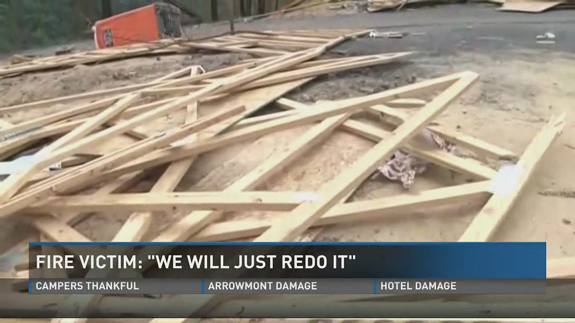 Homeowners in the Chalet Village are staying positive after winds knocked over the frame to their homes that were being rebuilt from the November fires.