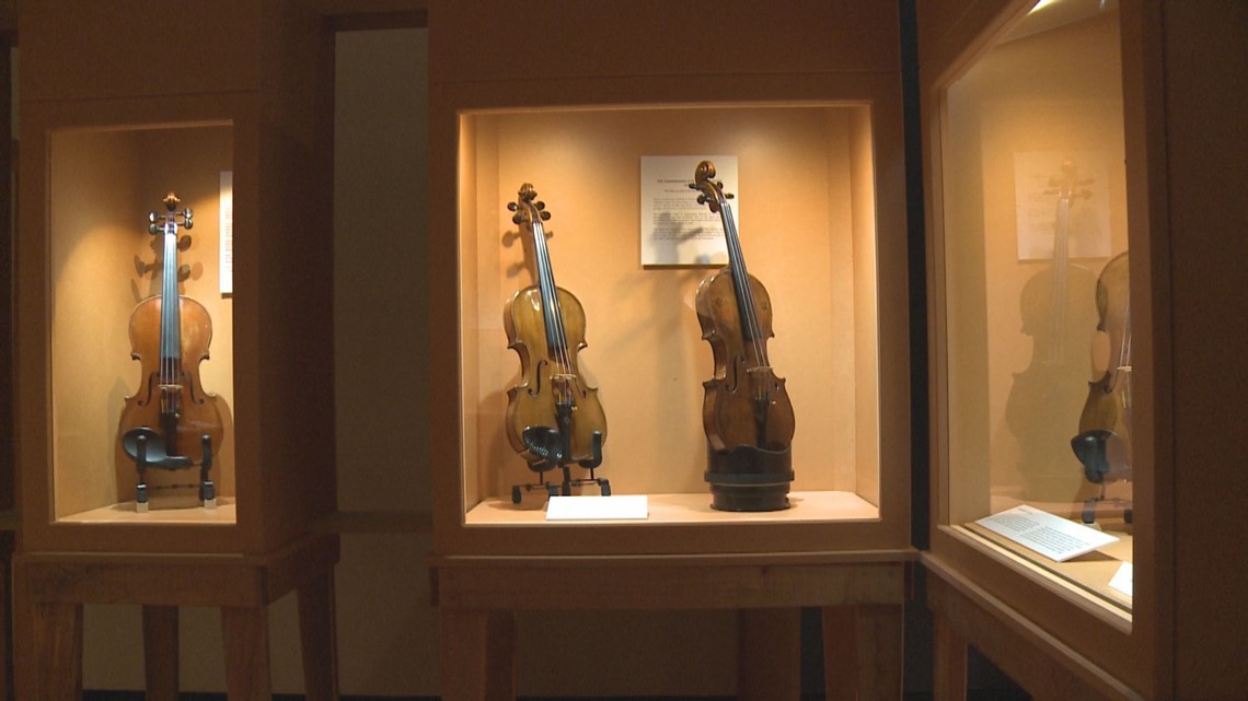 Exhibit featuring violins played by Jewish musicians during the