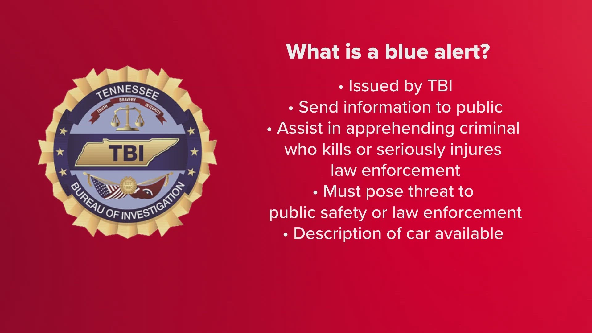 Blue Alerts are only issued when a law enforcement officer is killed and the suspect poses an imminent threat to public safety.