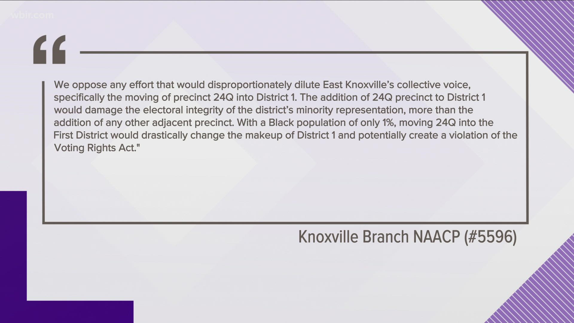 The NAACP has written to oppose one local redistricting plan that would shift a Sequoyah Hills precinct into District 1 from District 4.