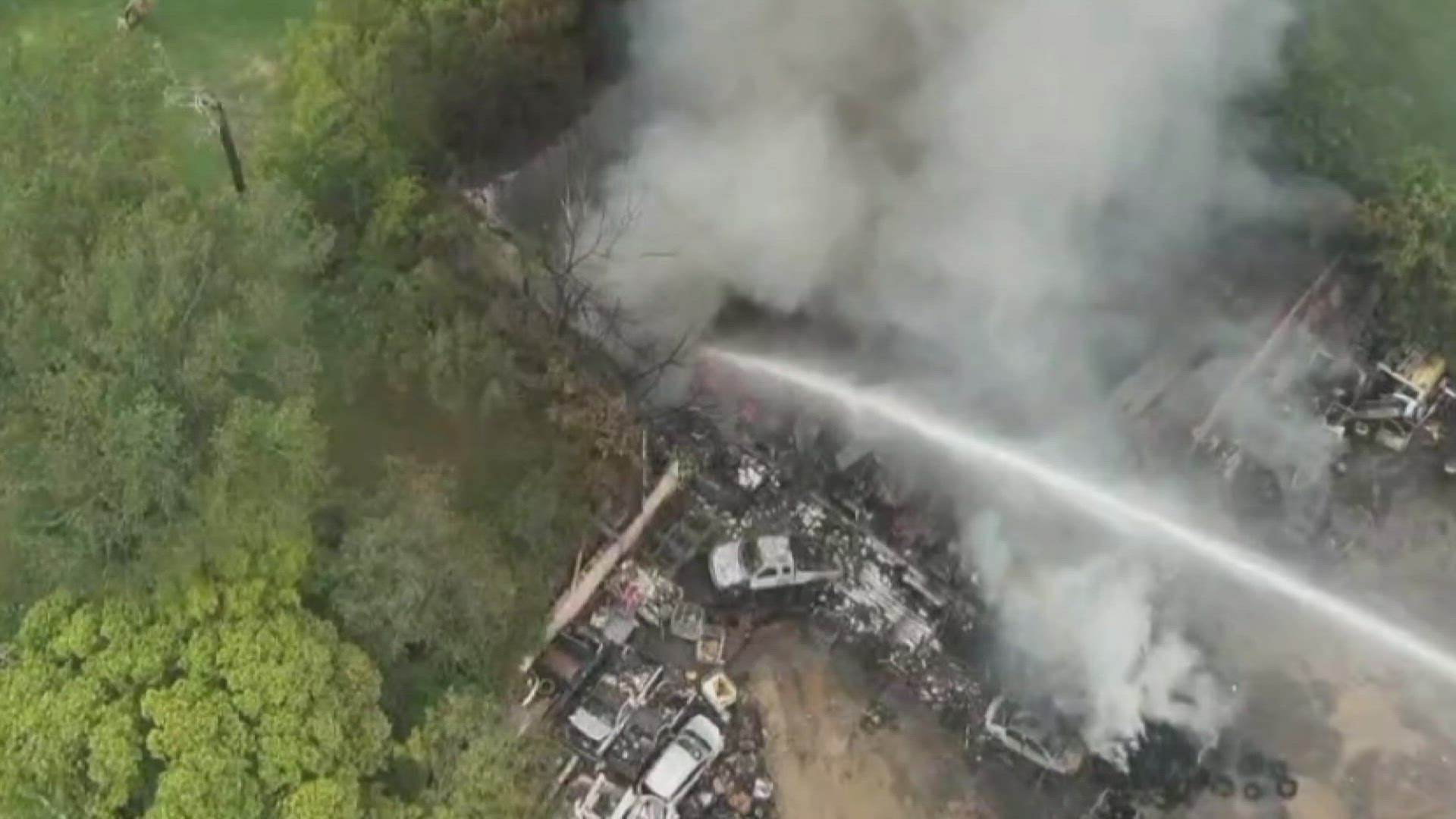 The fire chief said it would take a few hours to fully extinguish the fire. He said the building's roof collapsed, and things were likely still burning beneath it.