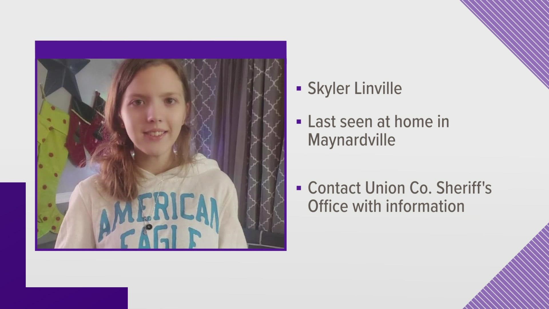 The sheriff's office says Skyler Linville was last seen at her home in Maynardville.