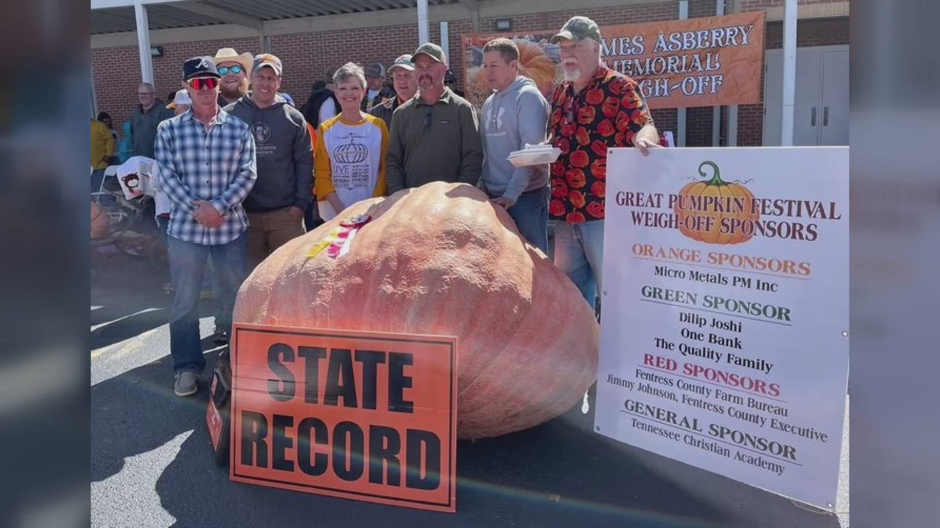 The pumpkin was grown by Jason Terry and weighs almost 2 tons. Terry's pumpkin now holds the state record for the largest pumpkin.