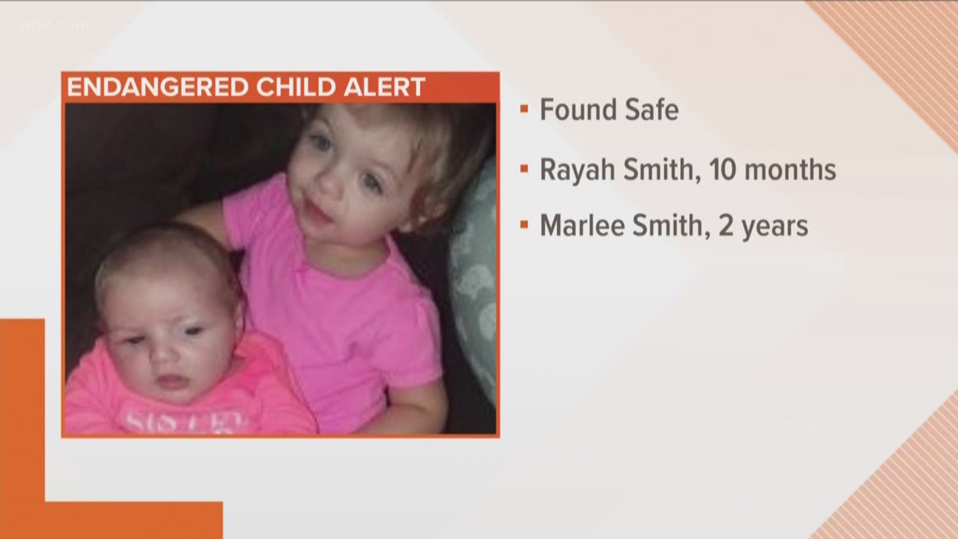 The search for two missing children in cookeville is over. The TBI says the young girls -- subject of an endangered child alert -- have been found safe. They'd been last seen June 7th.
