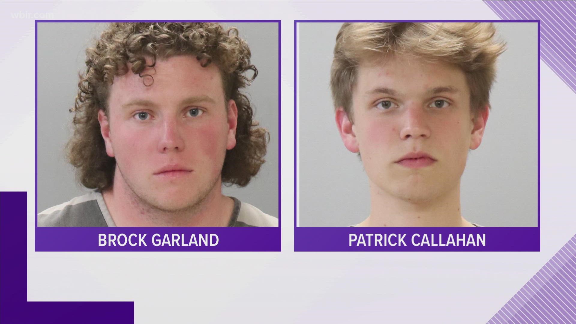 Patrick Callahan and Brock Garland were caught on camera vandalizing a food delivery robot, UTPD said.
