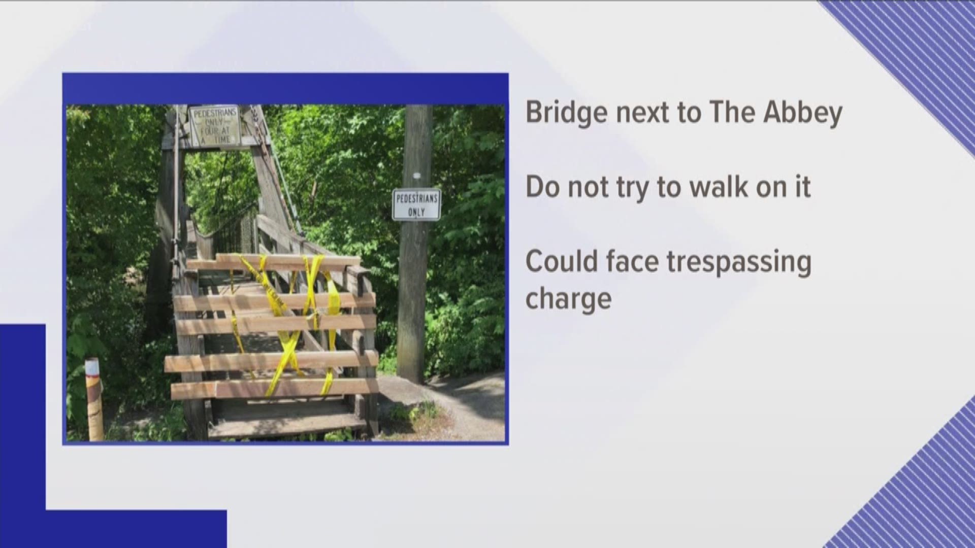 The swinging bridge in Townsend is closed over safety concerns. Townsend police say the bridge next to The Abby will remain closed until Blount County leaders decide how to fix it.