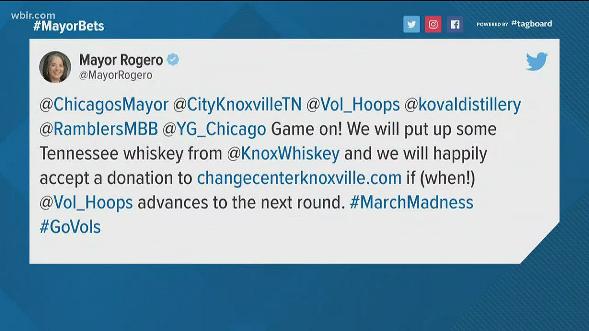 Mayor Rahm Emanuel tweeted at Rogero Saturday saying, if the Vols win, he'll send alcohol from a local distillery to Knoxville.
