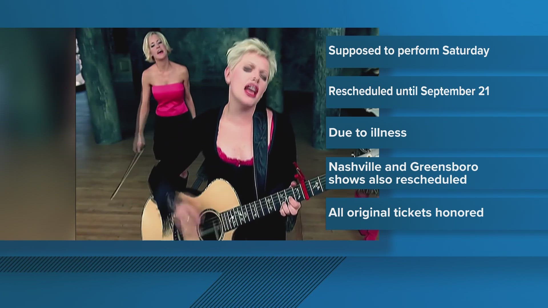 The Chicks rescheduled their Knoxville concert. They were supposed to perform at Thompson-Boling Arena Saturday night but rescheduled to September 21 due to illness.