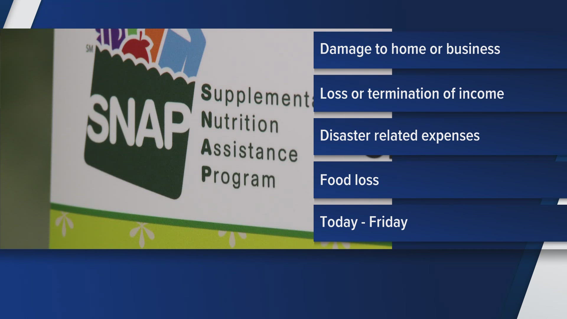 The D-SNAP benefits are available to qualifying households that lived or worked in Carter, Cocke, Greene, Hamblen, Johnson, Unicoi and Washington counties.