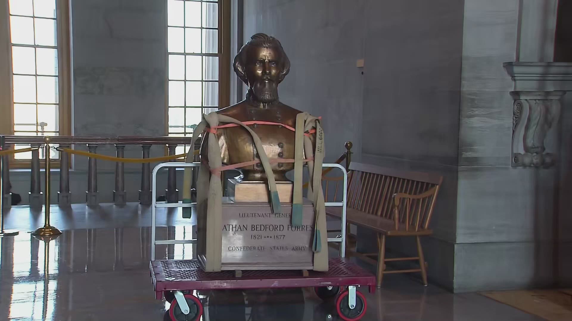 Crews are relocating three busts, including Nathan Bedford Forest, from the state capitol to the Tennessee State Museum on Friday morning.