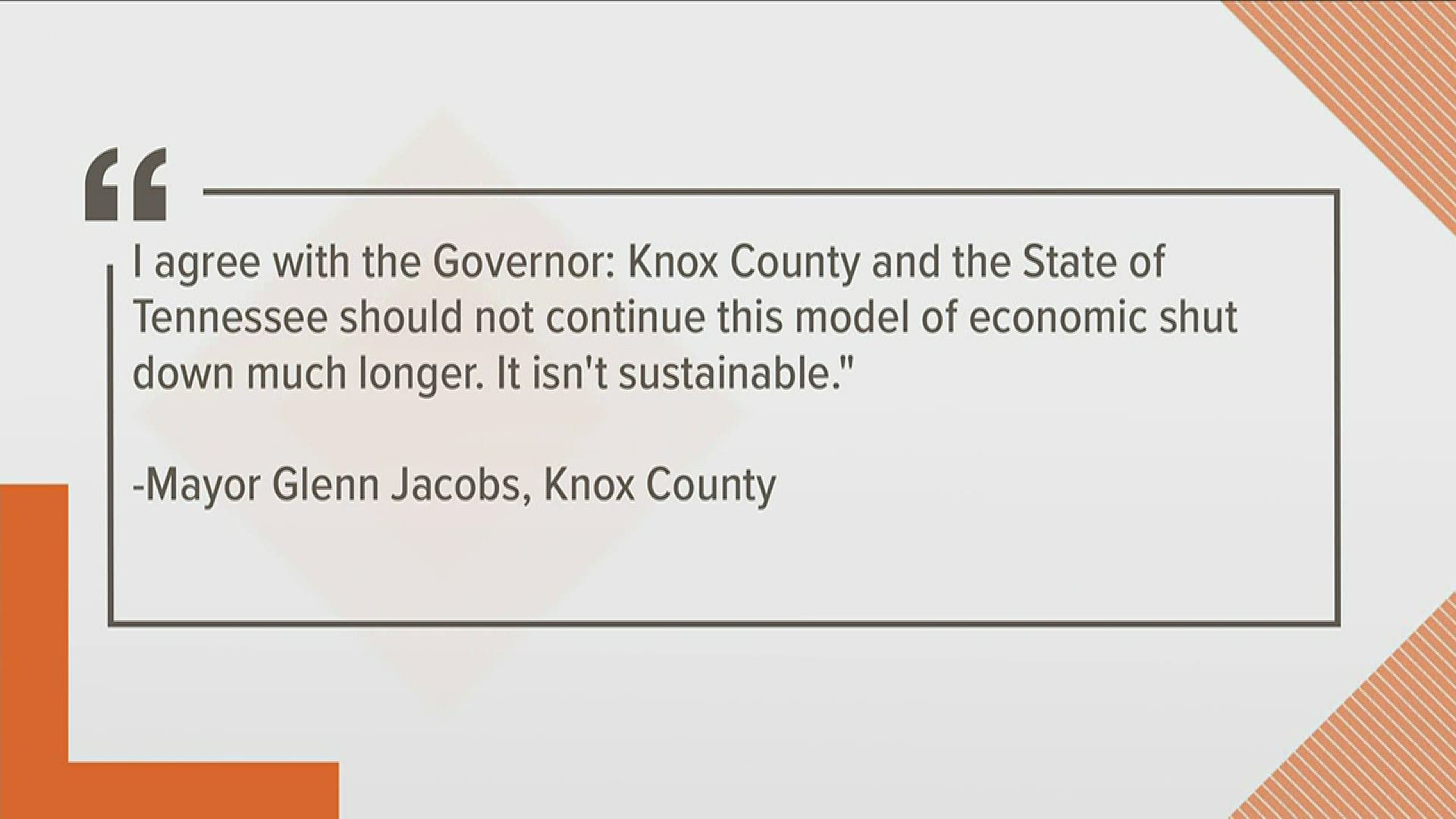 Knox County Mayor Glenn Jacobs says he understands the governor's decision but also emphasizes the economic shutdown is not sustainable.