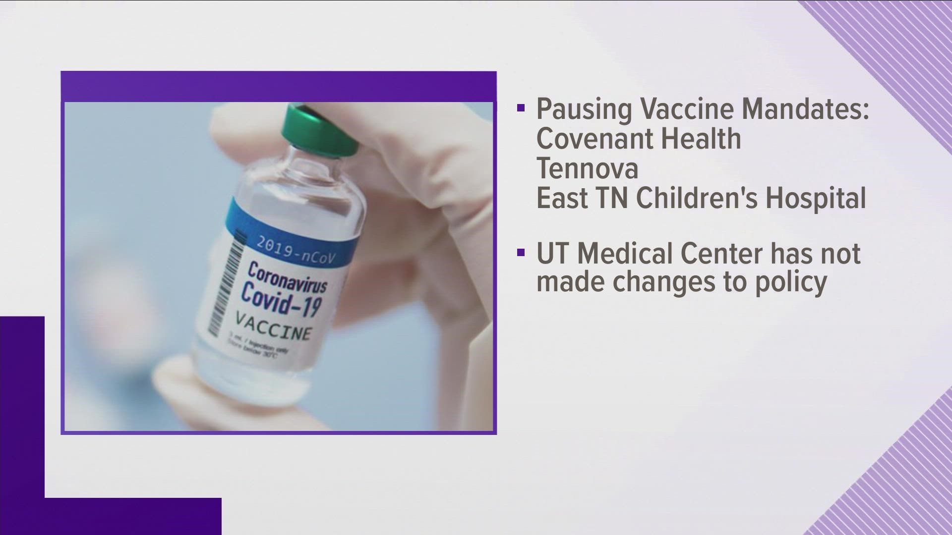 Thee East Tennessee hospitals are pausing their vaccine mandates for staff after another federal judge's ruling in Louisiana.