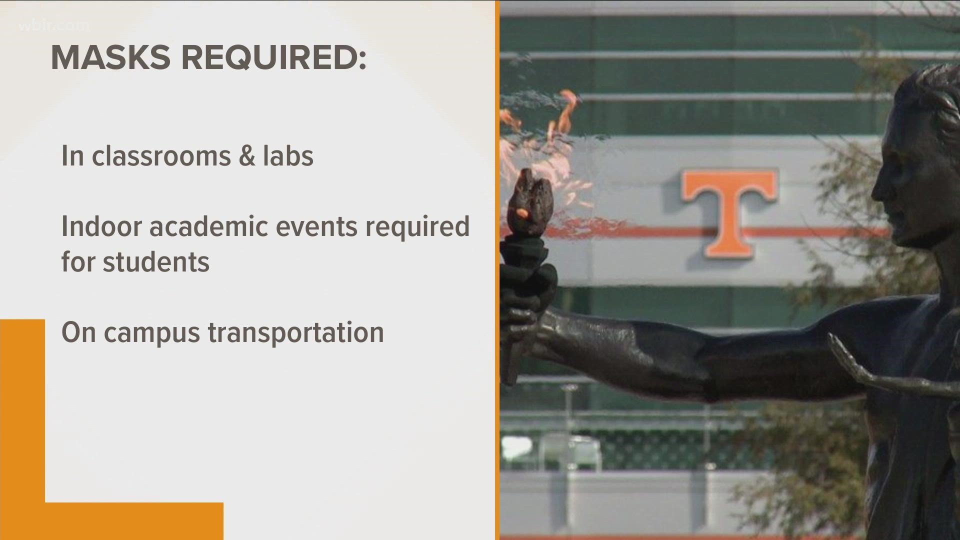 Masks will be required in classrooms, laboratories, and for indoor academic events requires for students such as orientation, UT officials said.