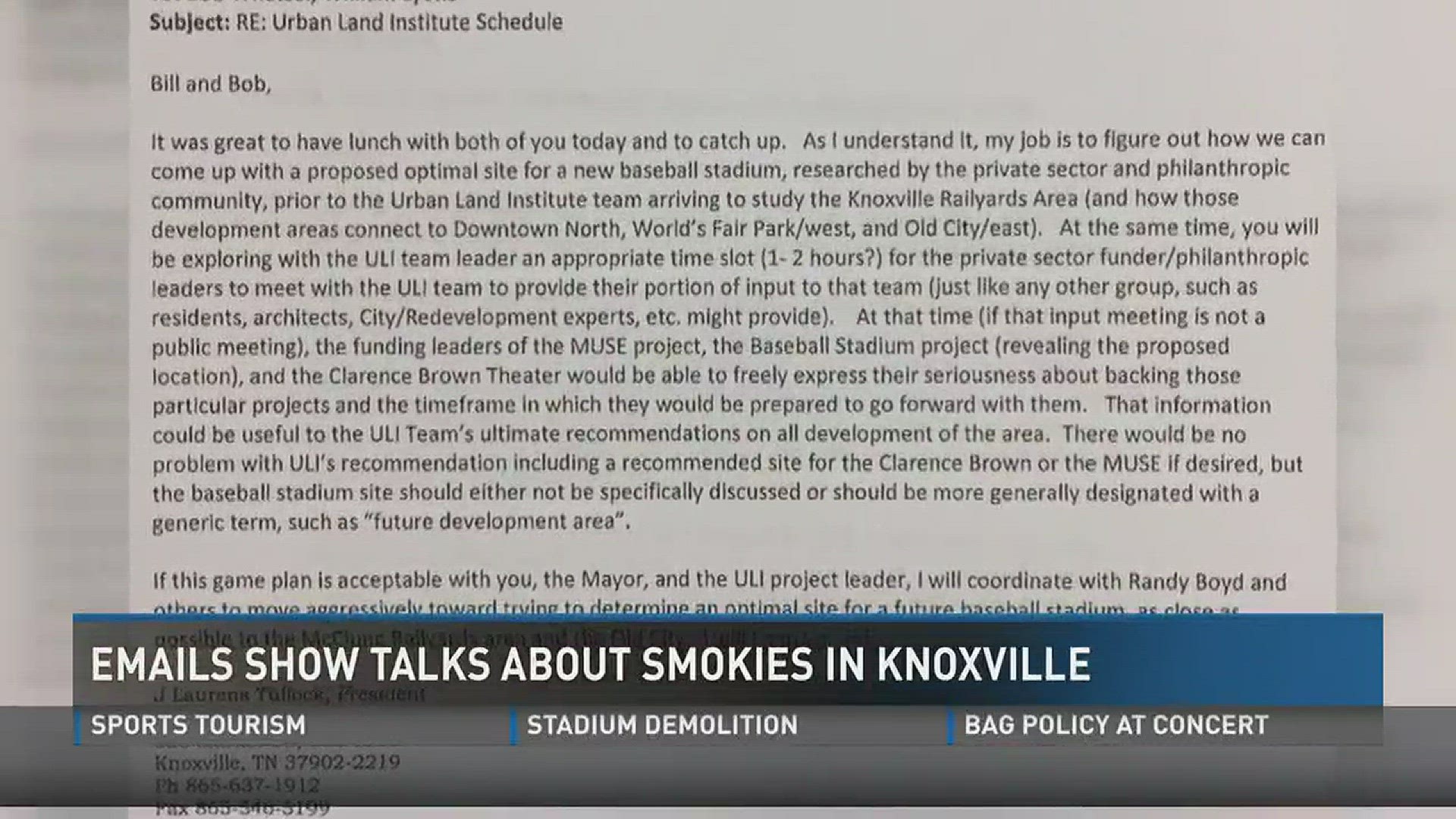 Sept. 14, 2016: Emails show Tennessee Smokies owner Randy Boyd talked to Knoxville leaders multiple times over the past few years about moving the baseball team back to Knoxville from Sevier County.