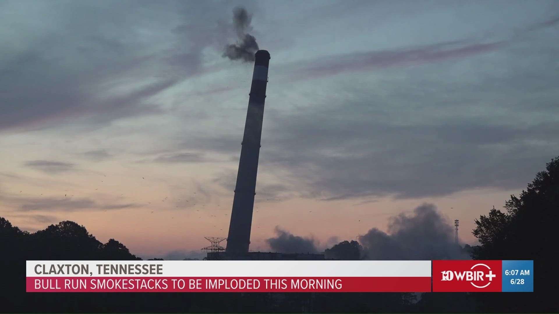 The Tennessee Valley Authority demolished one set of its Bull Run smokestacks at a fossil plant in Claxton early Saturday. 