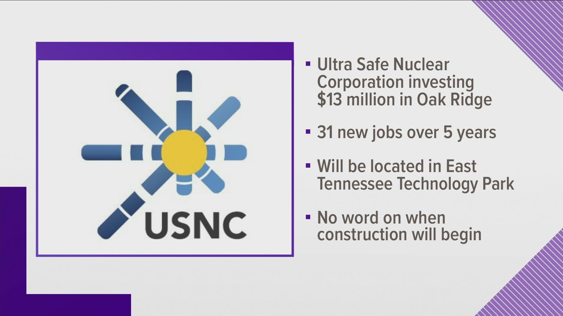 Officials said the Ultra Safe Nuclear Corporation will spend around $13 million to create a new Pilot Fuel Manufacturing facility in Oak Ridge.
