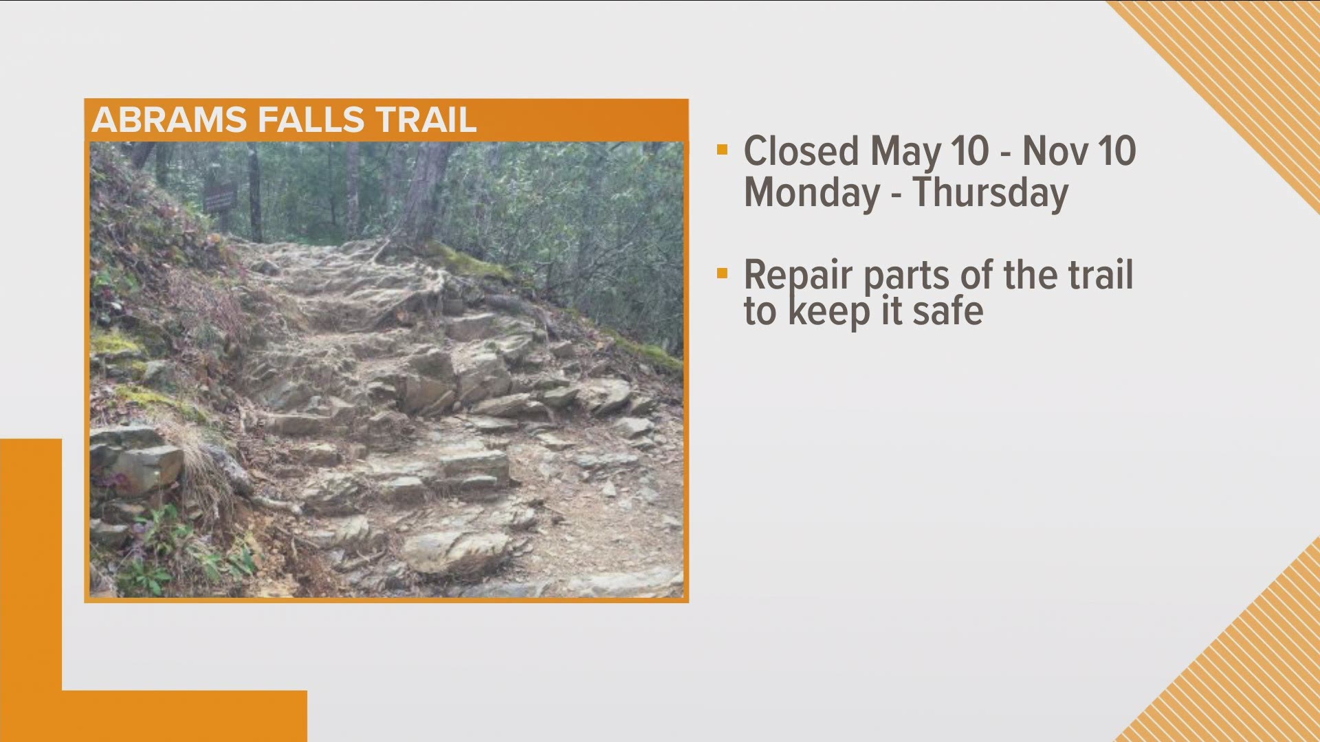 Starting on May 10, the trail and its parking areas will be closed to the public between Mondays at 7 a.m. through Thursday evenings at 5:30 p.m.