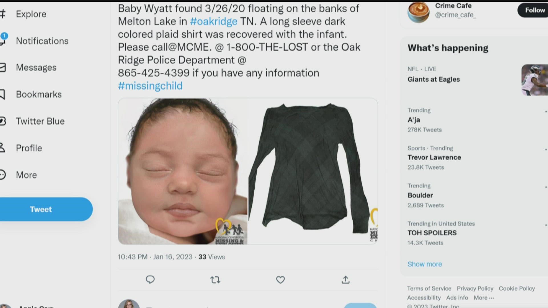 Oak Ridge Police are asking for your help in identifying "Baby Wyatt," the name they gave to a little infant they found in 2020 on the banks of Melton Lake.