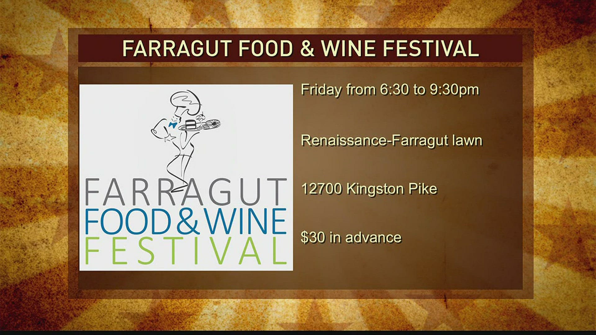 Farragut Food & Wine FestivalFriday, May 5th from 6:30-9:30pm on the lawn of Renaissance - Farragut at 12700 Kingston PikeTickets are $30 in advanceKnoxvilletickets.com or 865-656-4444May 1, 2017-Live at Five at 4