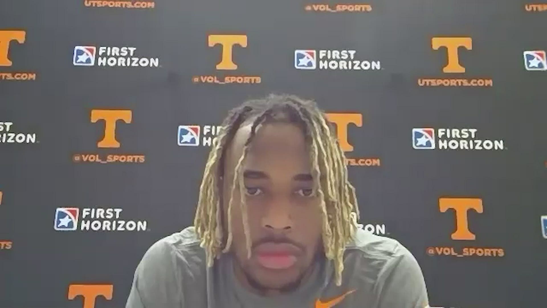 Tennessee running back Eric Gray speaks to the media after the team's 30-17 loss to No. 23 Alabama.