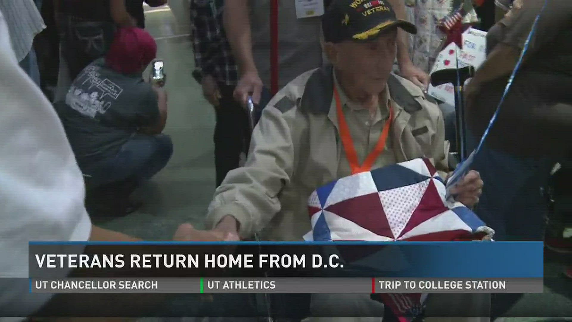 Oct. 5, 2016: 133 East Tennessee veterans were welcomed home with music and cheers after a trip to Washington D.C. through HonorAir Knoxville.