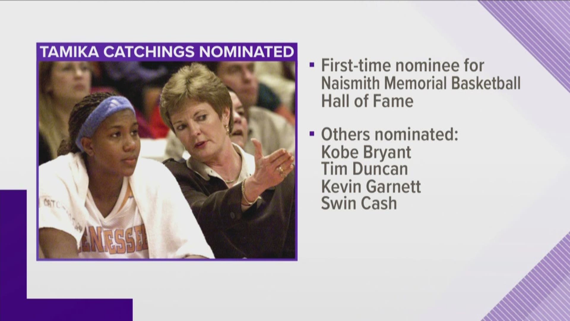 Tamika Catchings was nominated to the Naismith Memorial Hall of Fame for the first time on Thursday.