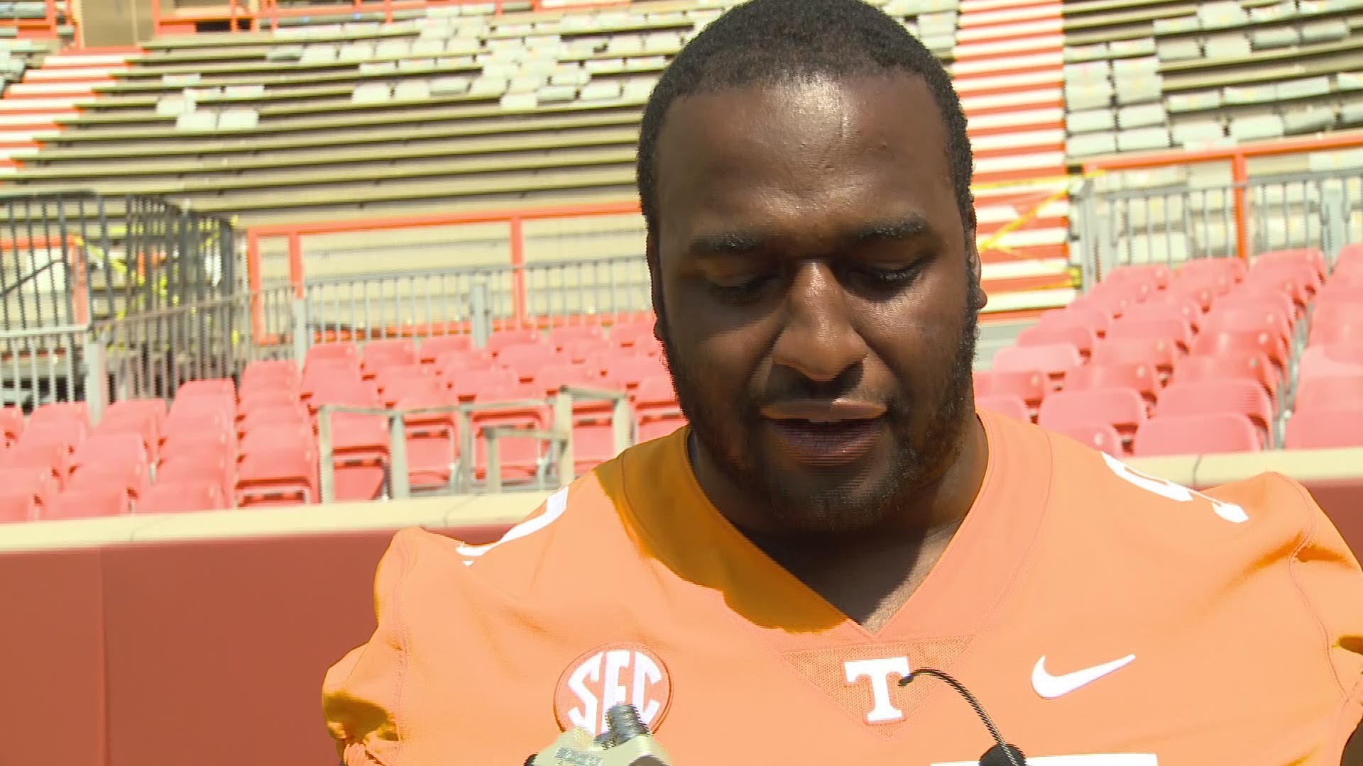 Defensive lineman Paul Bain speaks with the media prior to Fan Day in Neyland Stadium.