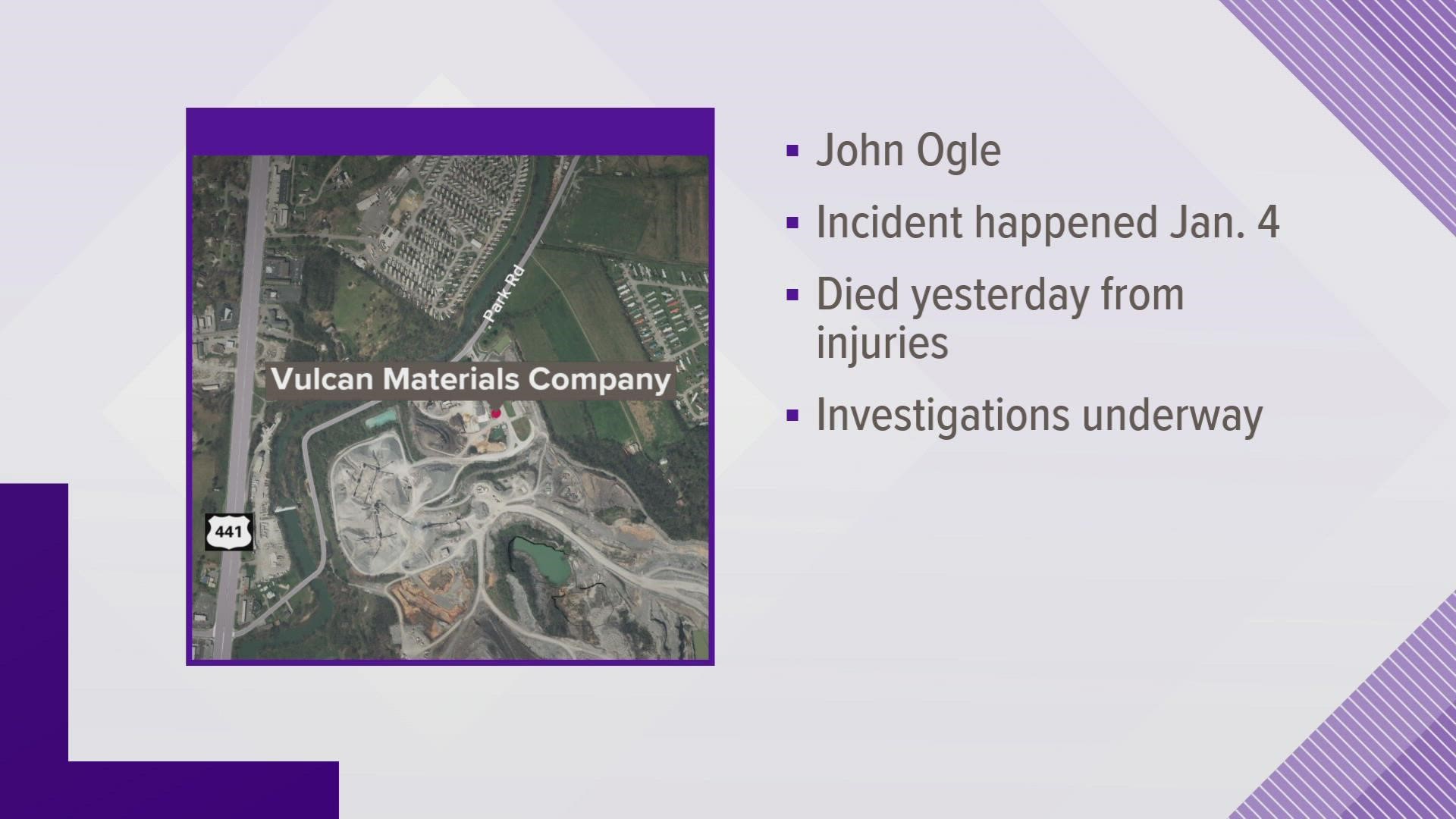 The Vulcan Materials Company said John Ogle, a quarry worker in Sevierville, died Wednesday after an incident while working on a large piece of equipment.