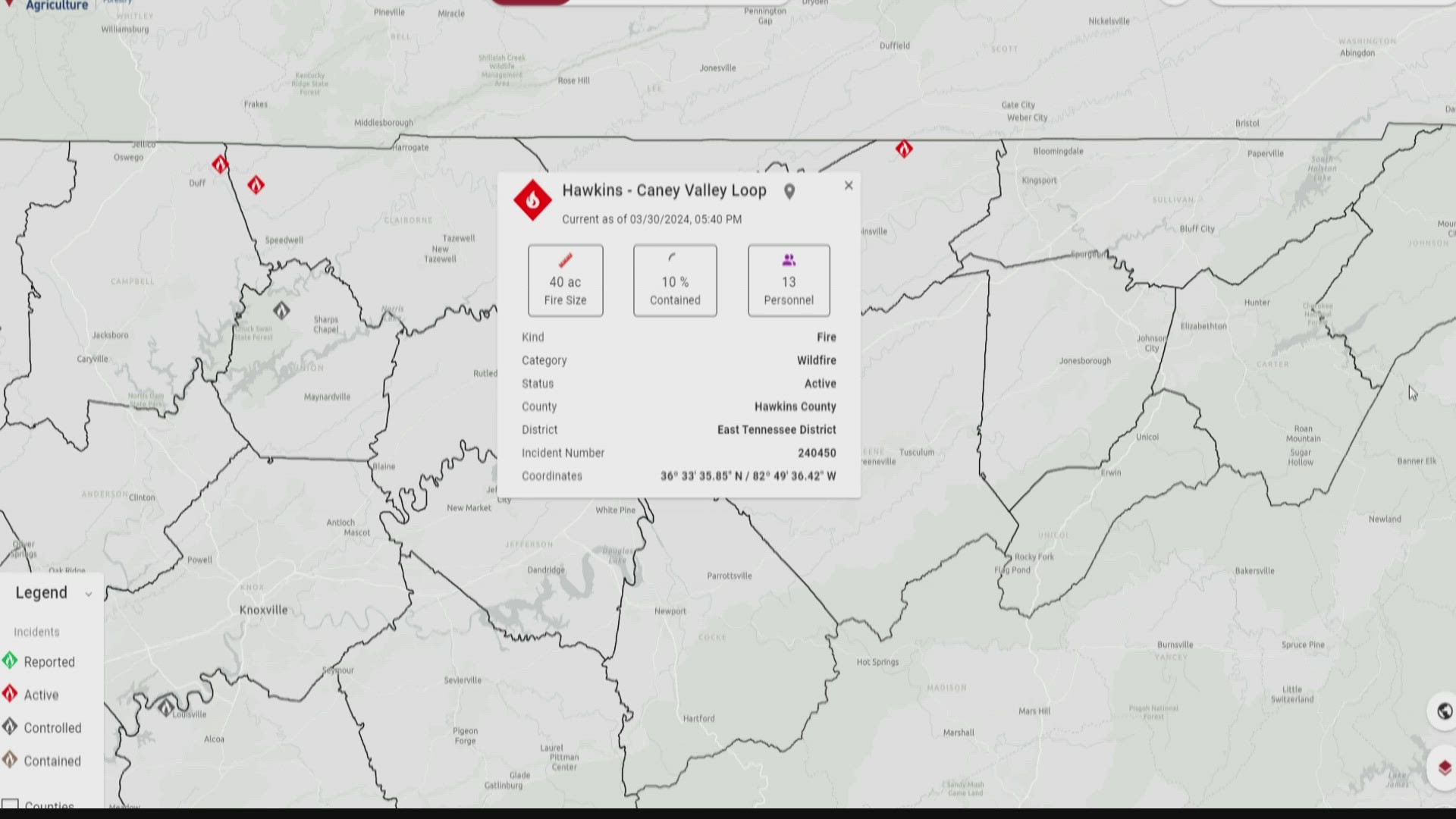 Information on the size of the fire and the percentage contained is unavailable at this time, according to Hawkins County officials.