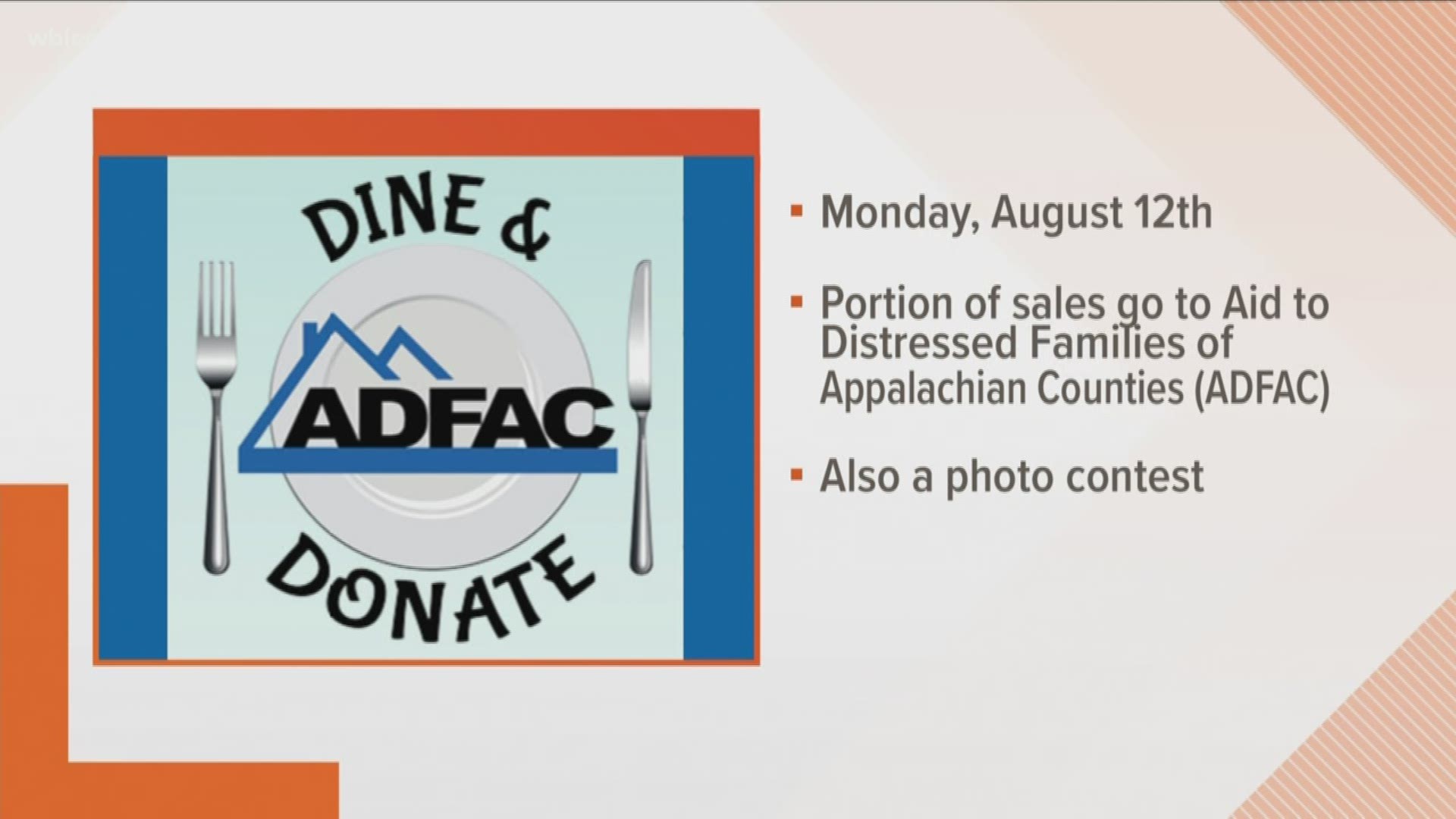 You can dine out for a cause at several restaurants next Monday to support families in need in East Tennessee. Annie Cacheiro, with Aid To Distressed Families of Appalachian Counties - ADFAC- is here now to explain how you can help.