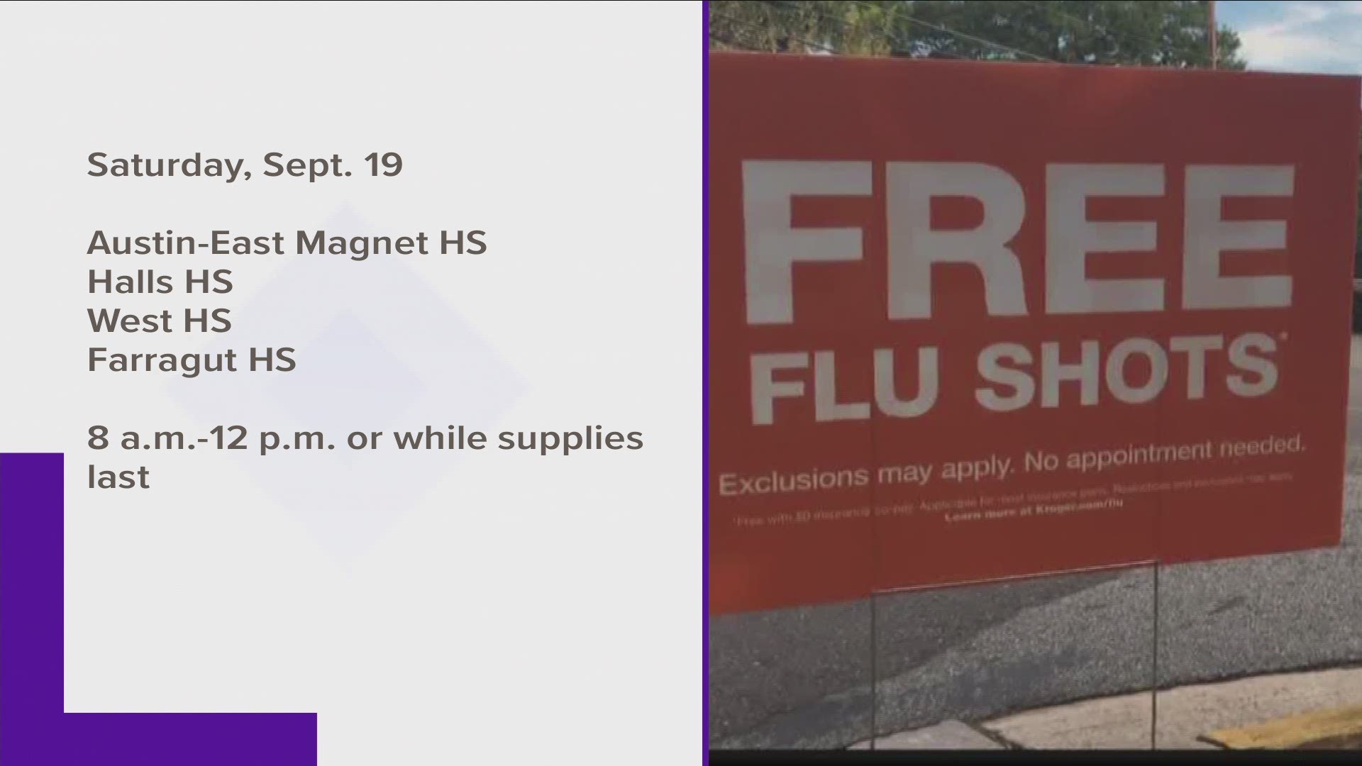 There will be free flu shots at a variety of schools across the county from 8 a.m. to 12 p.m. on Saturday.