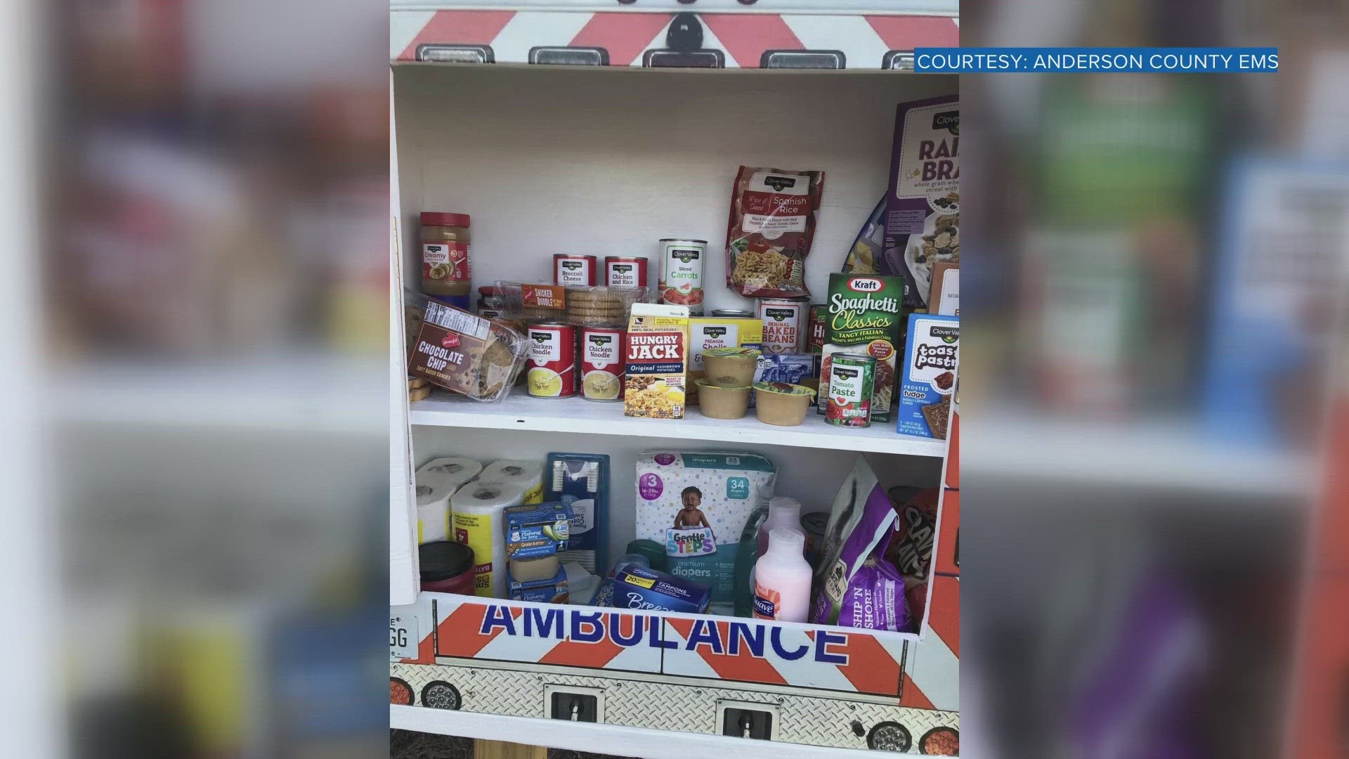 The box is in Clinton and is stocked with dry food, diapers and household items.