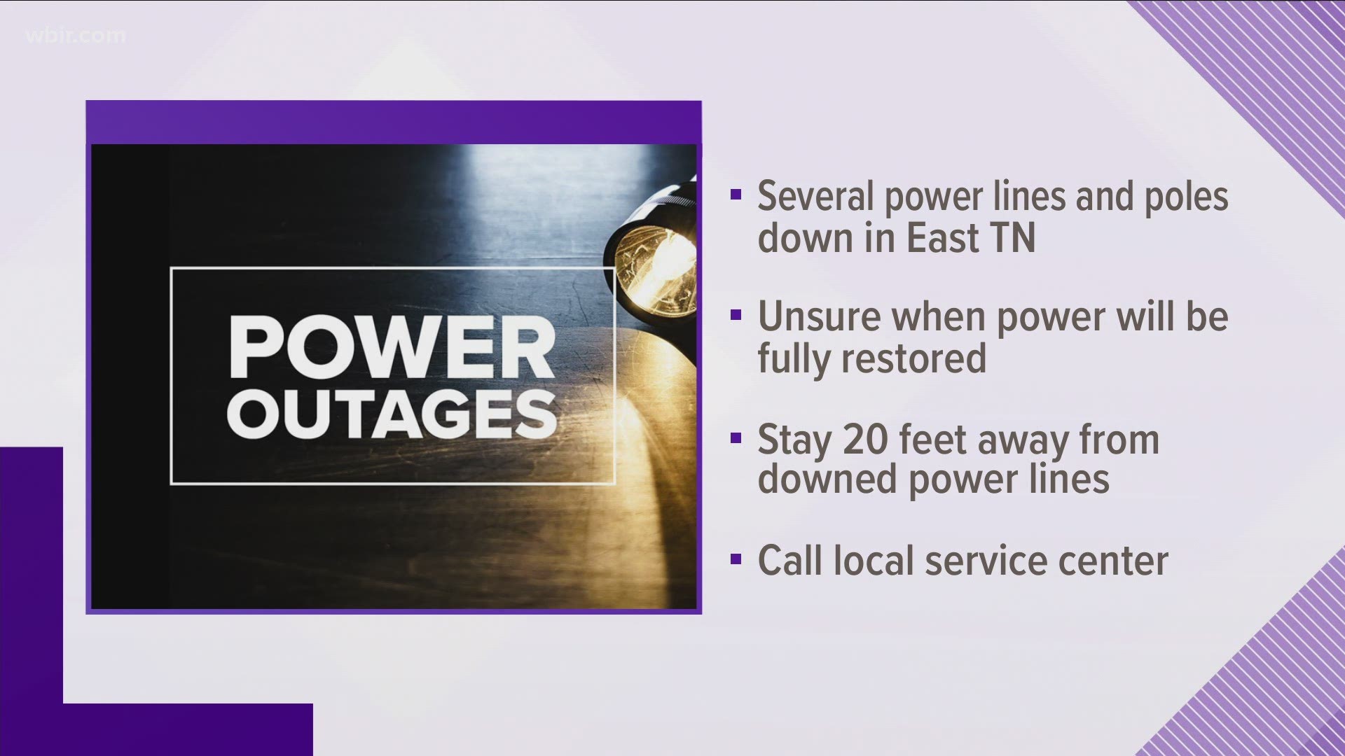 Volunteer Energy Cooperative said several power lines and poles were down in several East Tennessee counties.