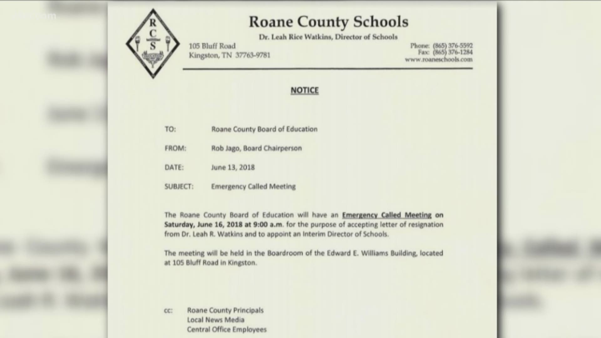The board's chairperson sent a letter that states the board will accept a letter of resignation from its current director of schools, Dr. Leah Watkins.